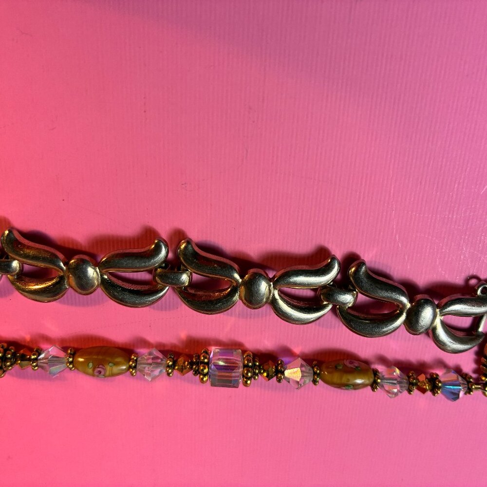 2 Bracelets Bows Silver Tone Monet and Crystal and Rose Glass beads Beaded